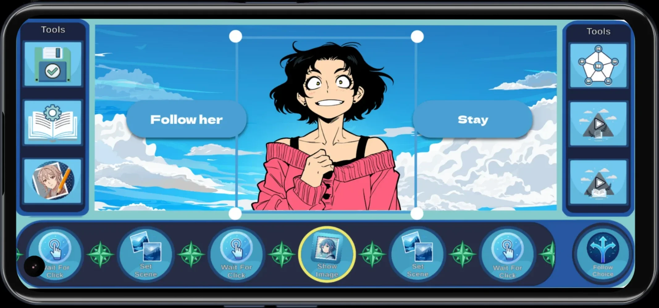 VNU visual editor — live scene preview with branching choices